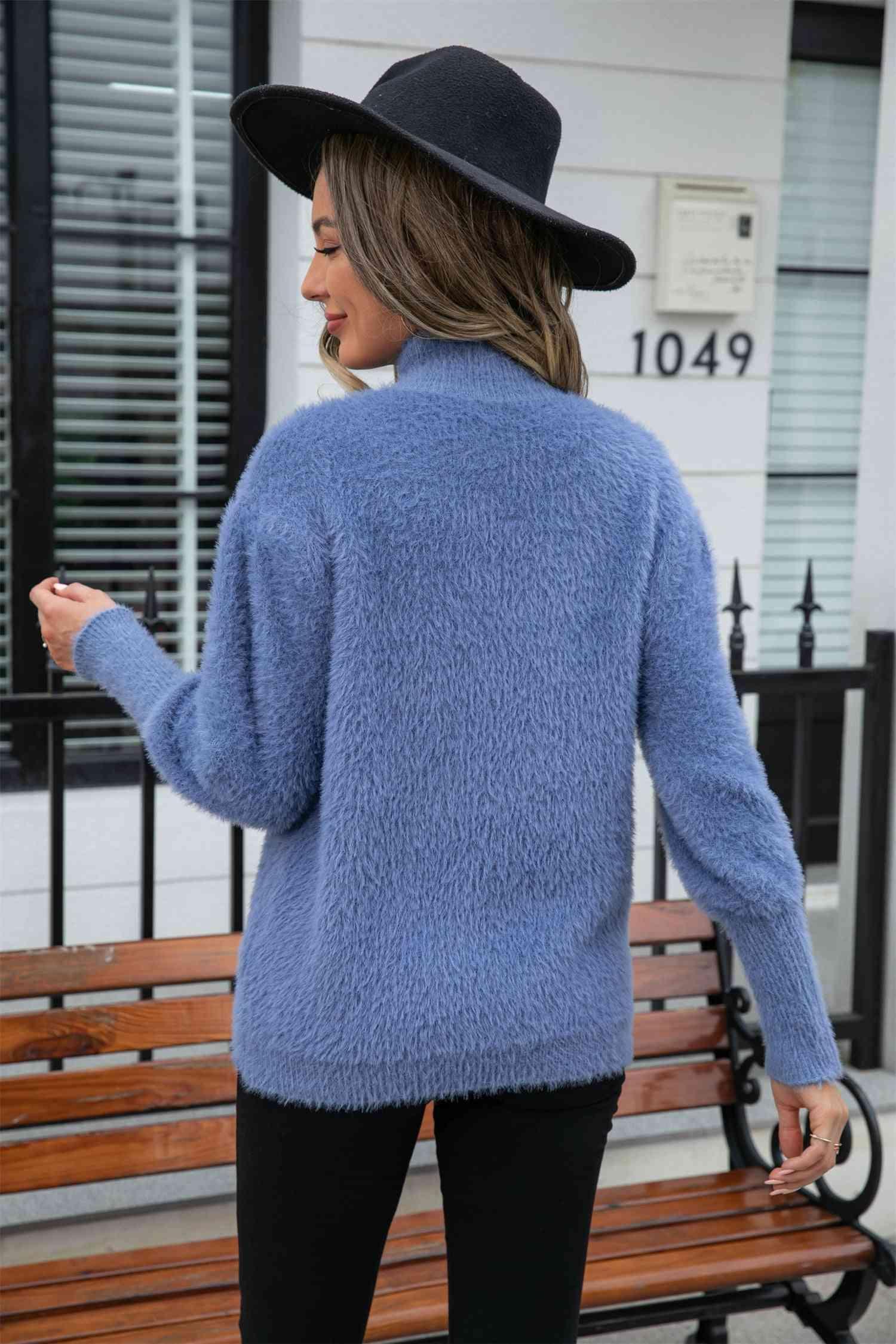 Enthusiastic Winter Turtle Neck Fuzzy Sweater - MXSTUDIO.COM