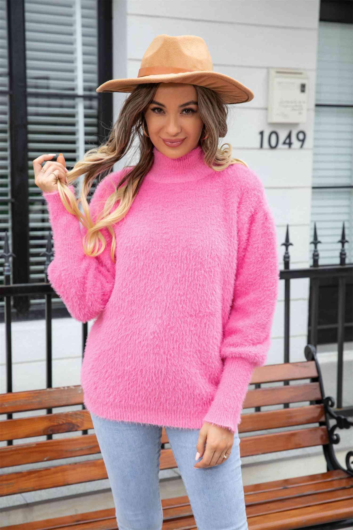Enthusiastic Winter Turtle Neck Fuzzy Sweater - MXSTUDIO.COM