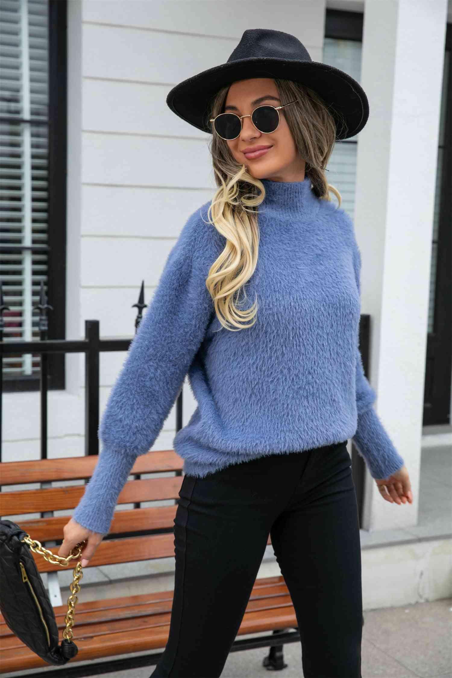 Enthusiastic Winter Turtle Neck Fuzzy Sweater - MXSTUDIO.COM
