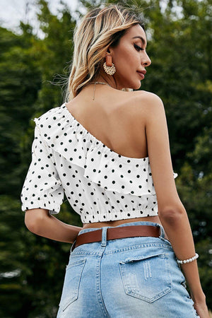 Enticing Polka Dot Ruffled One Shoulder Crop Top - MXSTUDIO.COM