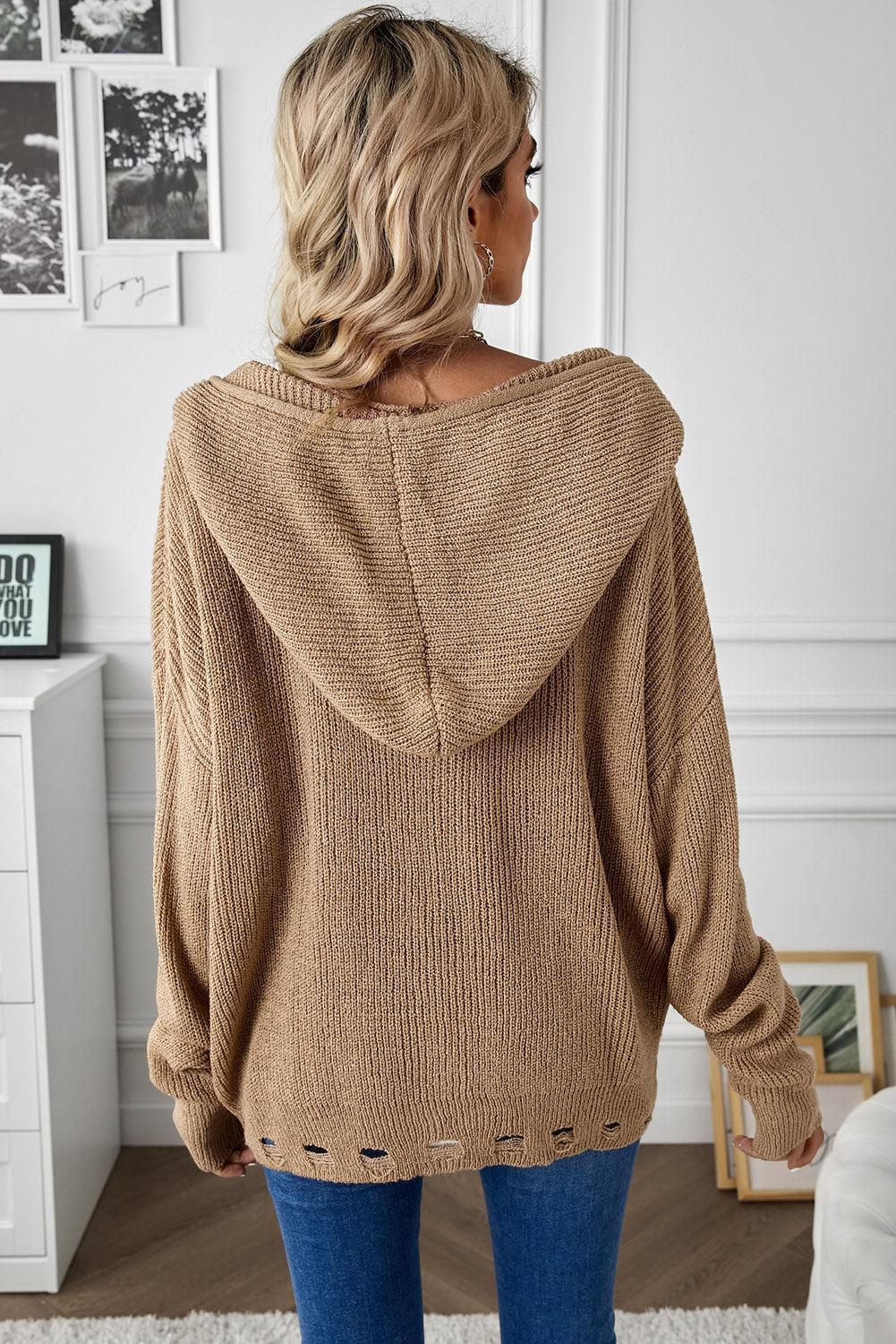 Enticing Zip-Up Distressed Hooded Cardigan Sweater - MXSTUDIO.COM