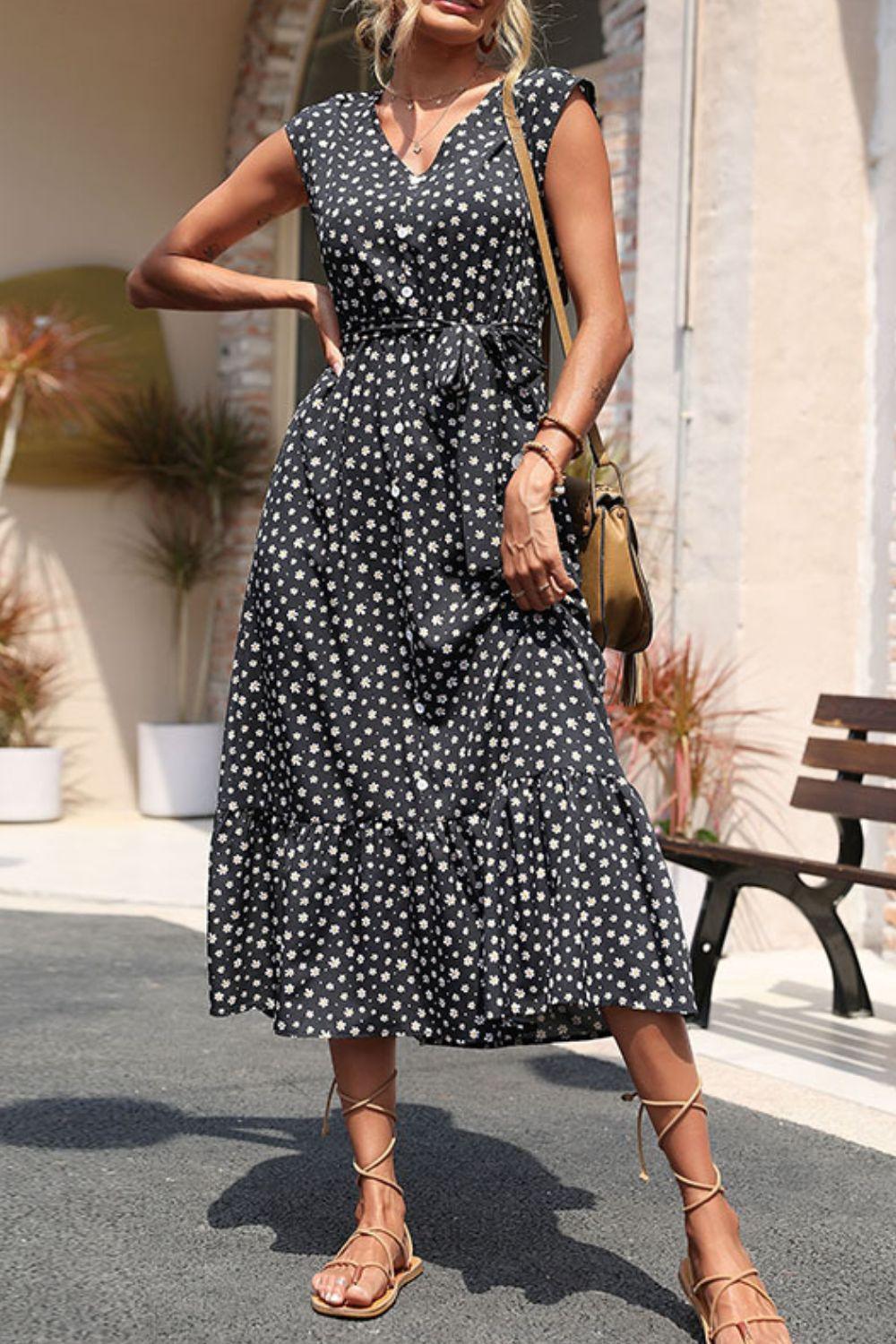 Epic Summer Tie Waist Black Floral Midi Dress - MXSTUDIO.COM