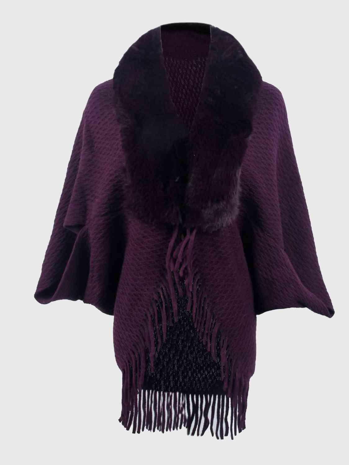 Epic Winter Fringe Hem Faux Fur Trim Poncho - MXSTUDIO.COM