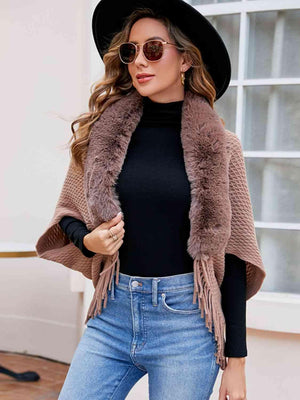 Epic Winter Fringe Hem Faux Fur Trim Poncho - MXSTUDIO.COM