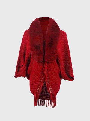 Epic Winter Fringe Hem Faux Fur Trim Poncho - MXSTUDIO.COM