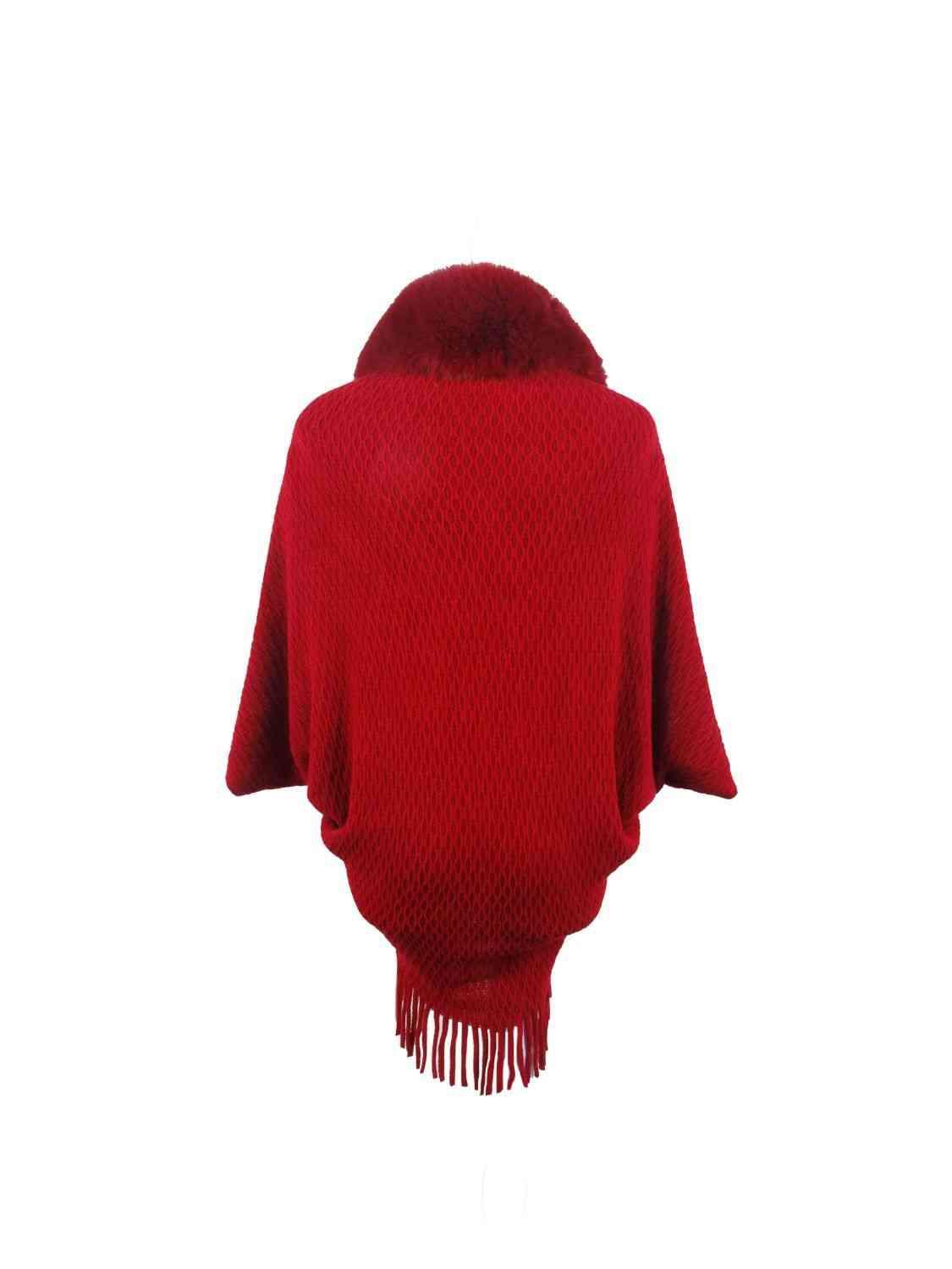 Epic Winter Fringe Hem Faux Fur Trim Poncho - MXSTUDIO.COM