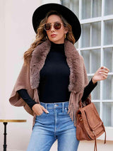 Epic Winter Fringe Hem Faux Fur Trim Poncho - MXSTUDIO.COM