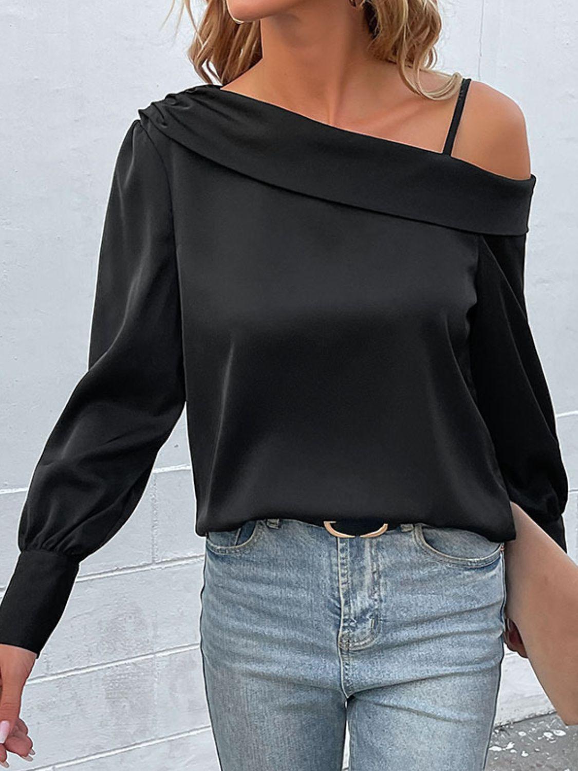 Epitome of Elegance Black Cold-Shoulder Blouse - MXSTUDIO.COM