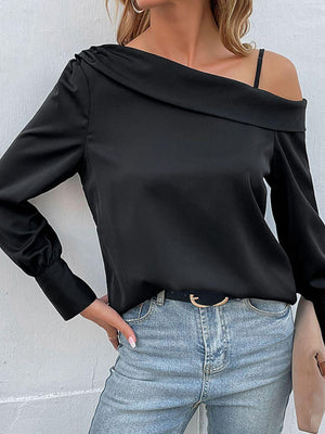 Epitome of Elegance Black Cold-Shoulder Blouse - MXSTUDIO.COM