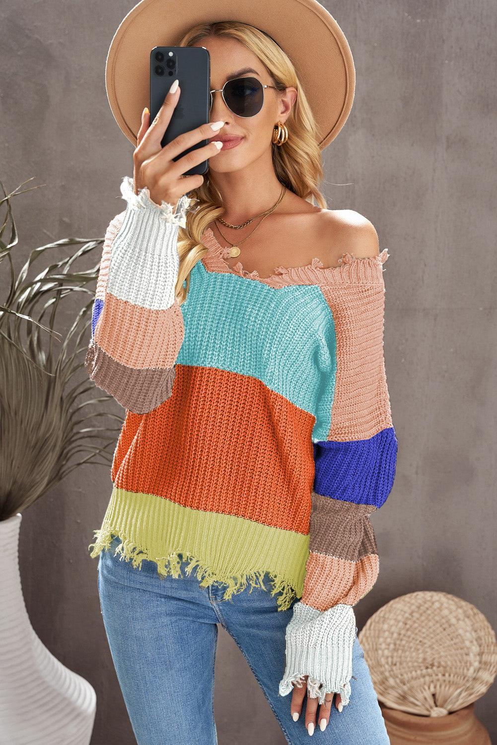 Escape The Ordinary Striped Distressed Sweater - MXSTUDIO.COM