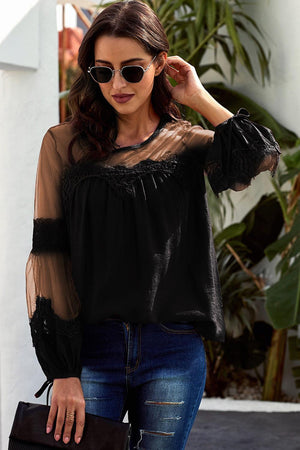 Eternal Beauty Mesh Black Balloon Sleeve Blouse - MXSTUDIO.COM