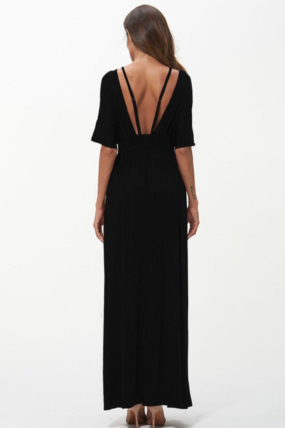 Ethereal Plunge V Neck Backless Black Maxi Dress - MXSTUDIO.COM