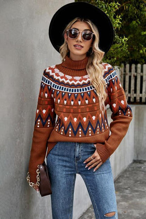 Ethnic Appeal Turtleneck Geometric Pattern Sweater - MXSTUDIO.COM