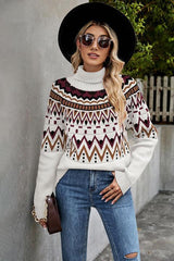 Ethnic Appeal Turtleneck Geometric Pattern Sweater - MXSTUDIO.COM