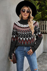 Ethnic Appeal Turtleneck Geometric Pattern Sweater - MXSTUDIO.COM