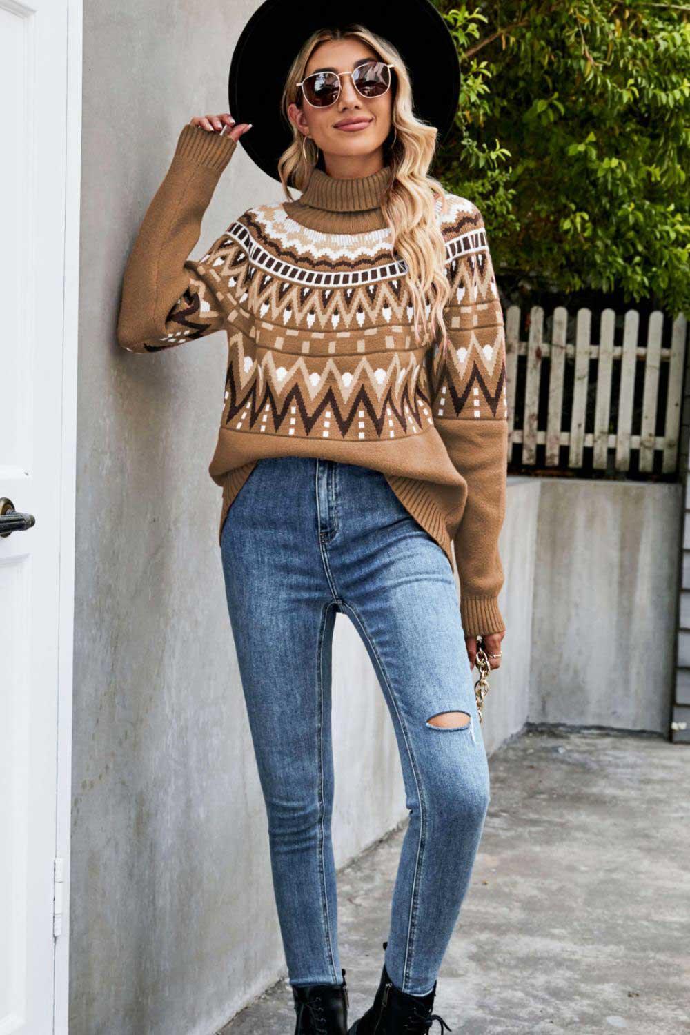 Ethnic Ribbed Trim Turtleneck Sweater - MXSTUDIO.COM