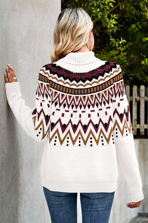 Ethnic Ribbed Trim Turtleneck Sweater - MXSTUDIO.COM