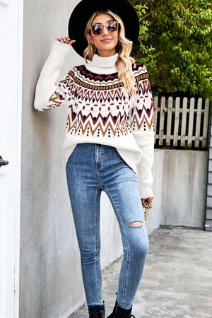 Ethnic Ribbed Trim Turtleneck Sweater - MXSTUDIO.COM