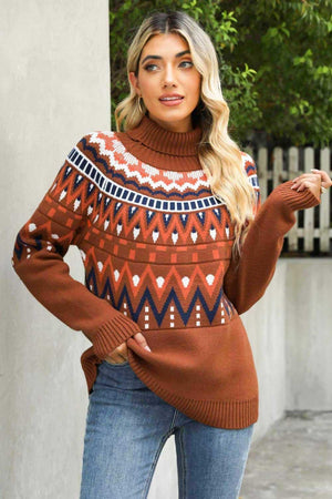 Ethnic Ribbed Trim Turtleneck Sweater - MXSTUDIO.COM