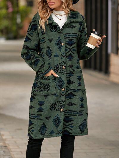 a woman standing on a sidewalk holding a cup of coffee