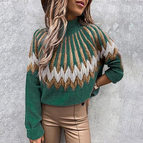 Ethnic Style Long Sleeve Mock Neck Knit Sweater-MXSTUDIO.COM