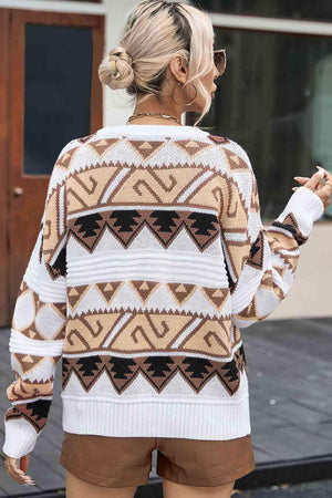 Ethnic Warmth Knit Crew Neck Geometric Sweater-MXSTUDIO.COM