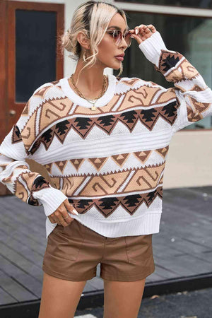 Ethnic Warmth Knit Crew Neck Geometric Sweater-MXSTUDIO.COM