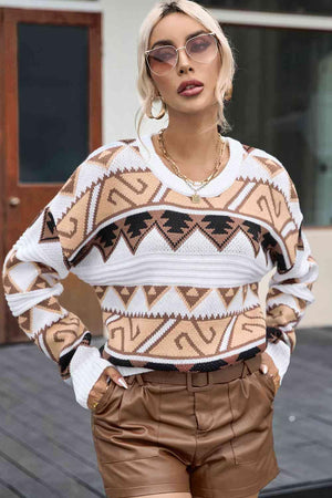 Ethnic Warmth Knit Crew Neck Geometric Sweater-MXSTUDIO.COM