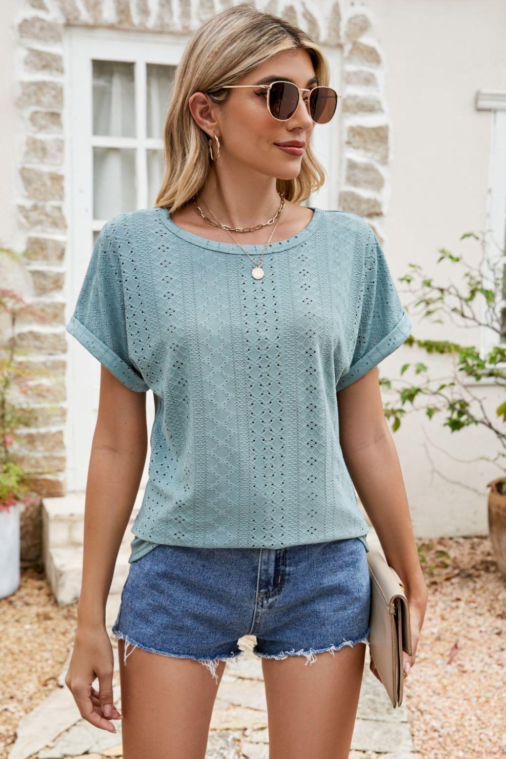 Everlasting Comfort Crew Neck Eyelet Top - MXSTUDIO.COM