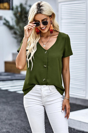 Everyday Wear Buttoned Short Sleeve V Neck Top - MXSTUDIO.COM