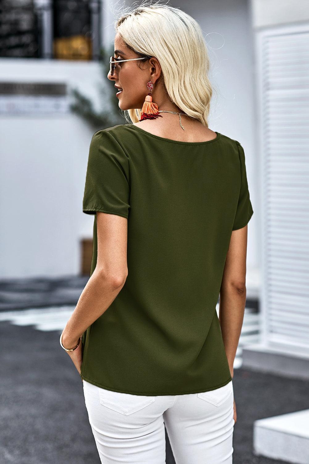 Everyday Wear Buttoned Short Sleeve V Neck Top - MXSTUDIO.COM