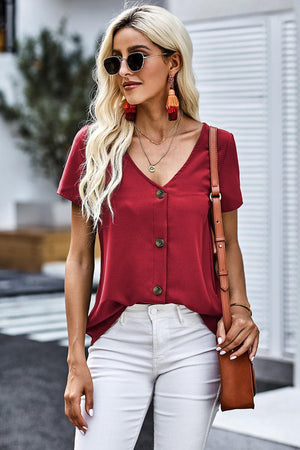 Everyday Wear Buttoned Short Sleeve V Neck Top - MXSTUDIO.COM