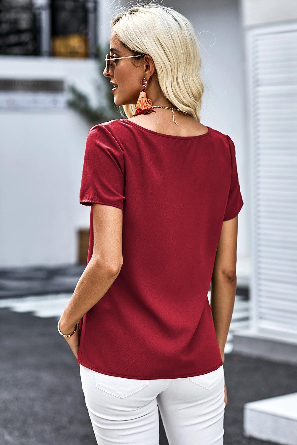 Everyday Wear Buttoned Short Sleeve V Neck Top - MXSTUDIO.COM