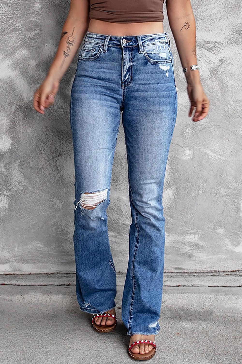 Everyday Wear Distressed High Rise Flared Jeans - MXSTUDIO.COM