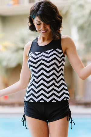 Exceptional Chevron Print Ruched Tankini Set - MXSTUDIO.COM