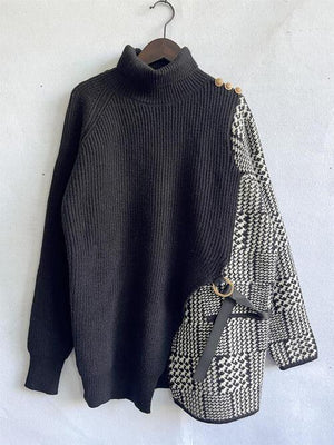 Exceptional Comfort Slit Houndstooth Turtleneck Sweater-MXSTUDIO.COM