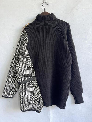 Exceptional Comfort Slit Houndstooth Turtleneck Sweater-MXSTUDIO.COM