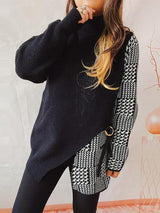 Exceptional Comfort Slit Houndstooth Turtleneck Sweater-MXSTUDIO.COM