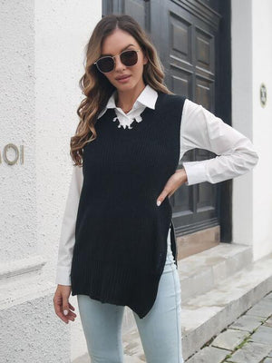Exceptional Layer Frayed Hem Slit Black Sweater Vest-MXSTUDIO.COM
