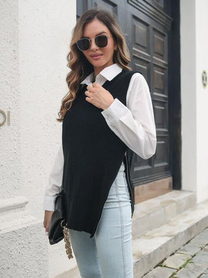 Exceptional Layer Frayed Hem Slit Black Sweater Vest-MXSTUDIO.COM