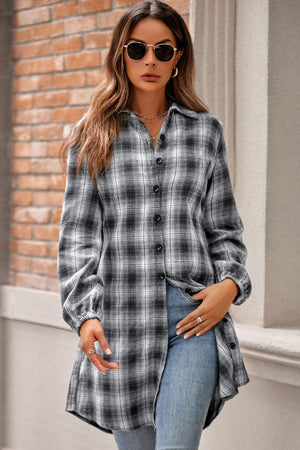 Exceptional Plaid Long Sleeve Mini Shirt Dress - MXSTUDIO.COM