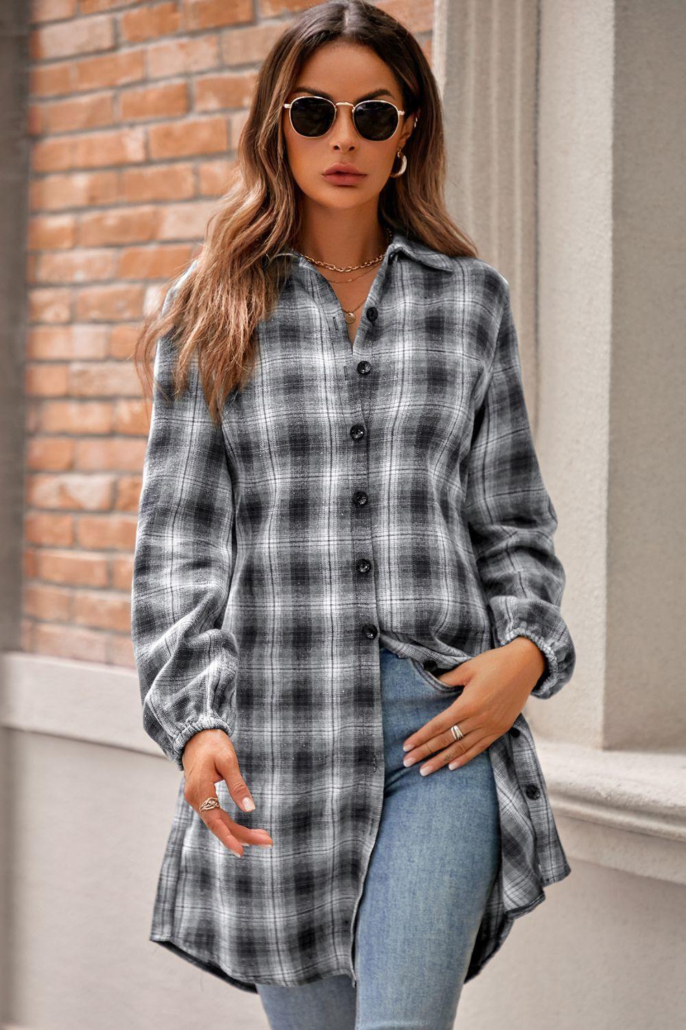 Exceptional Plaid Long Sleeve Mini Shirt Dress - MXSTUDIO.COM