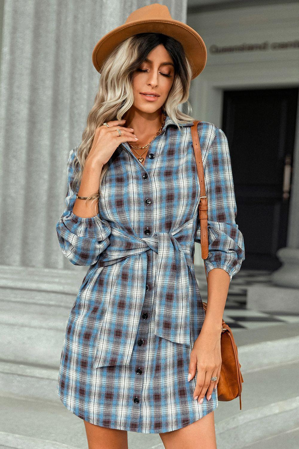 Exceptional Plaid Long Sleeve Mini Shirt Dress - MXSTUDIO.COM