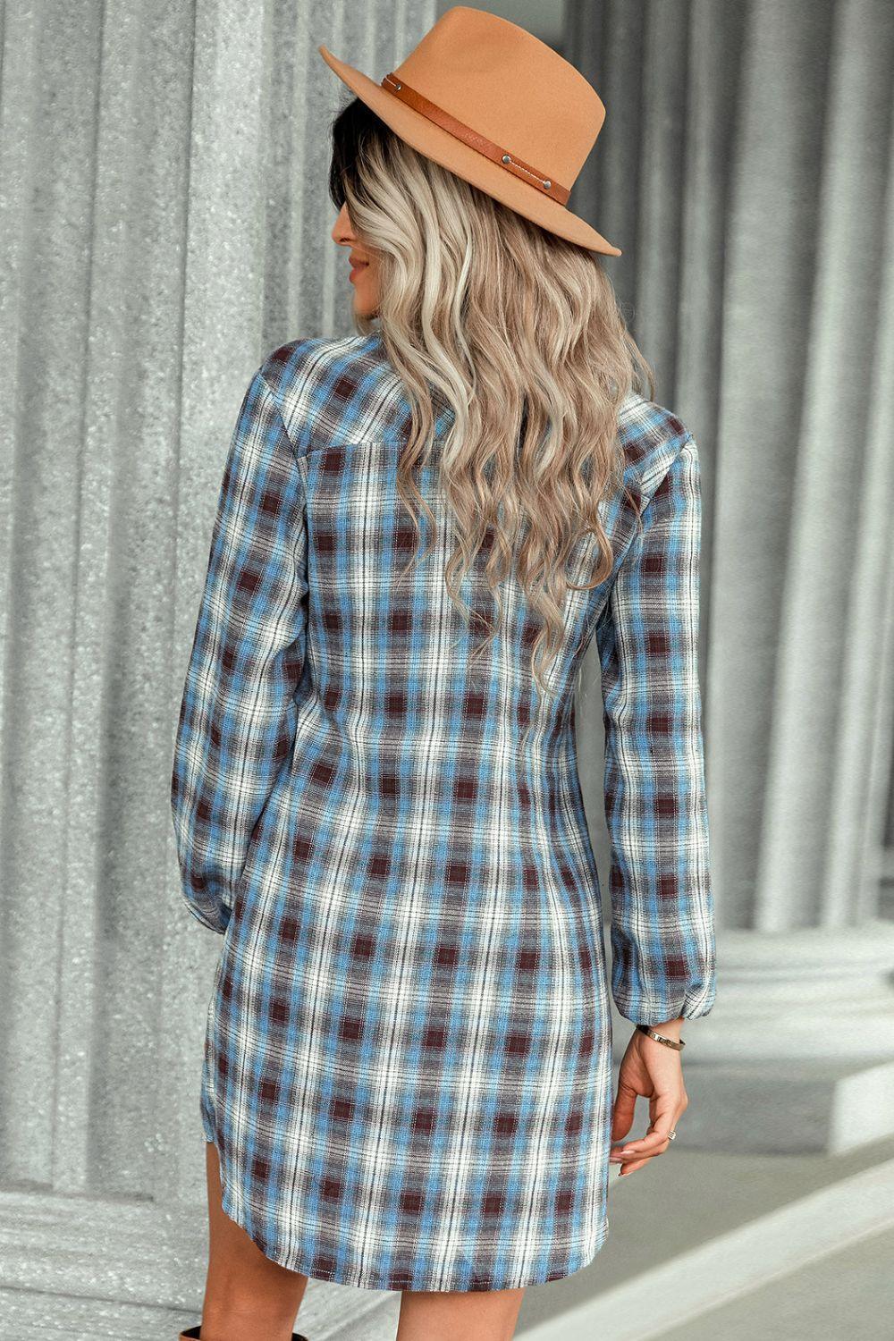 Exceptional Plaid Long Sleeve Mini Shirt Dress - MXSTUDIO.COM