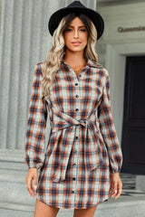 Exceptional Plaid Long Sleeve Mini Shirt Dress - MXSTUDIO.COM