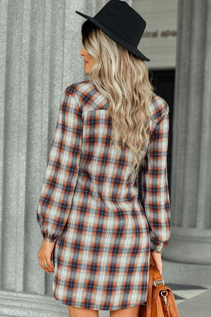 Exceptional Plaid Long Sleeve Mini Shirt Dress - MXSTUDIO.COM