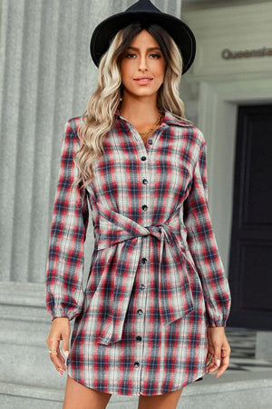 Exceptional Plaid Long Sleeve Mini Shirt Dress - MXSTUDIO.COM