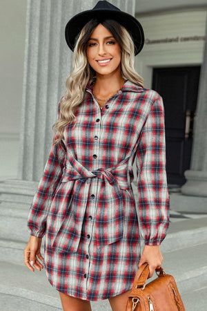 Exceptional Plaid Long Sleeve Mini Shirt Dress - MXSTUDIO.COM