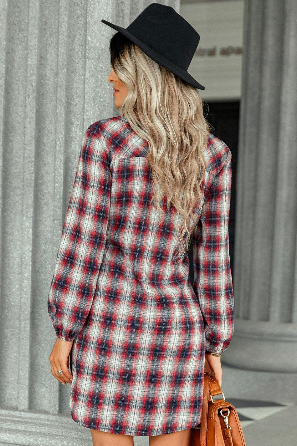 Exceptional Plaid Long Sleeve Mini Shirt Dress - MXSTUDIO.COM