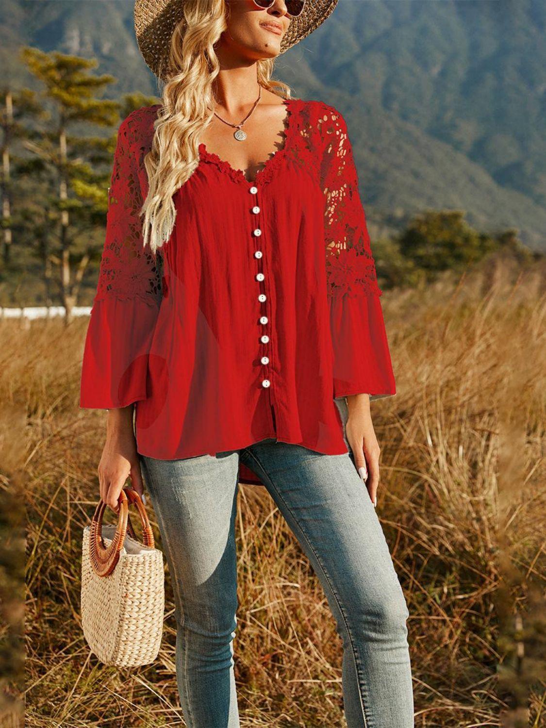 Expand Your Horizons Lace Flounce Sleeve Blouse - MXSTUDIO.COM